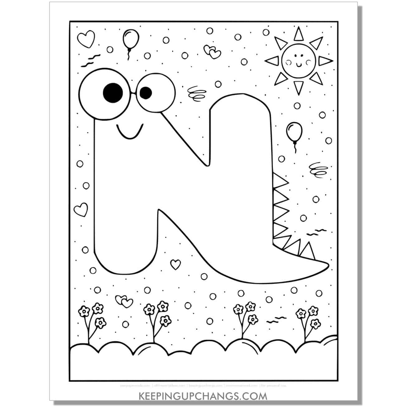 cute n coloring page with monster dinosaur letter.