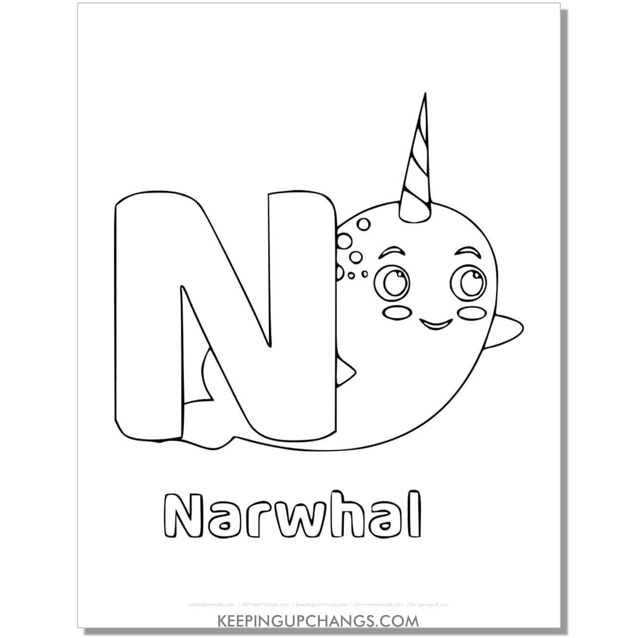 alphabet n coloring worksheet with narwhal.