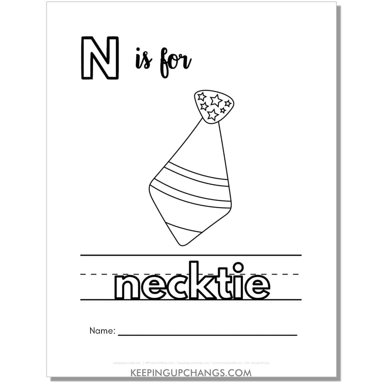 cute letter n coloring page worksheet with necktie.
