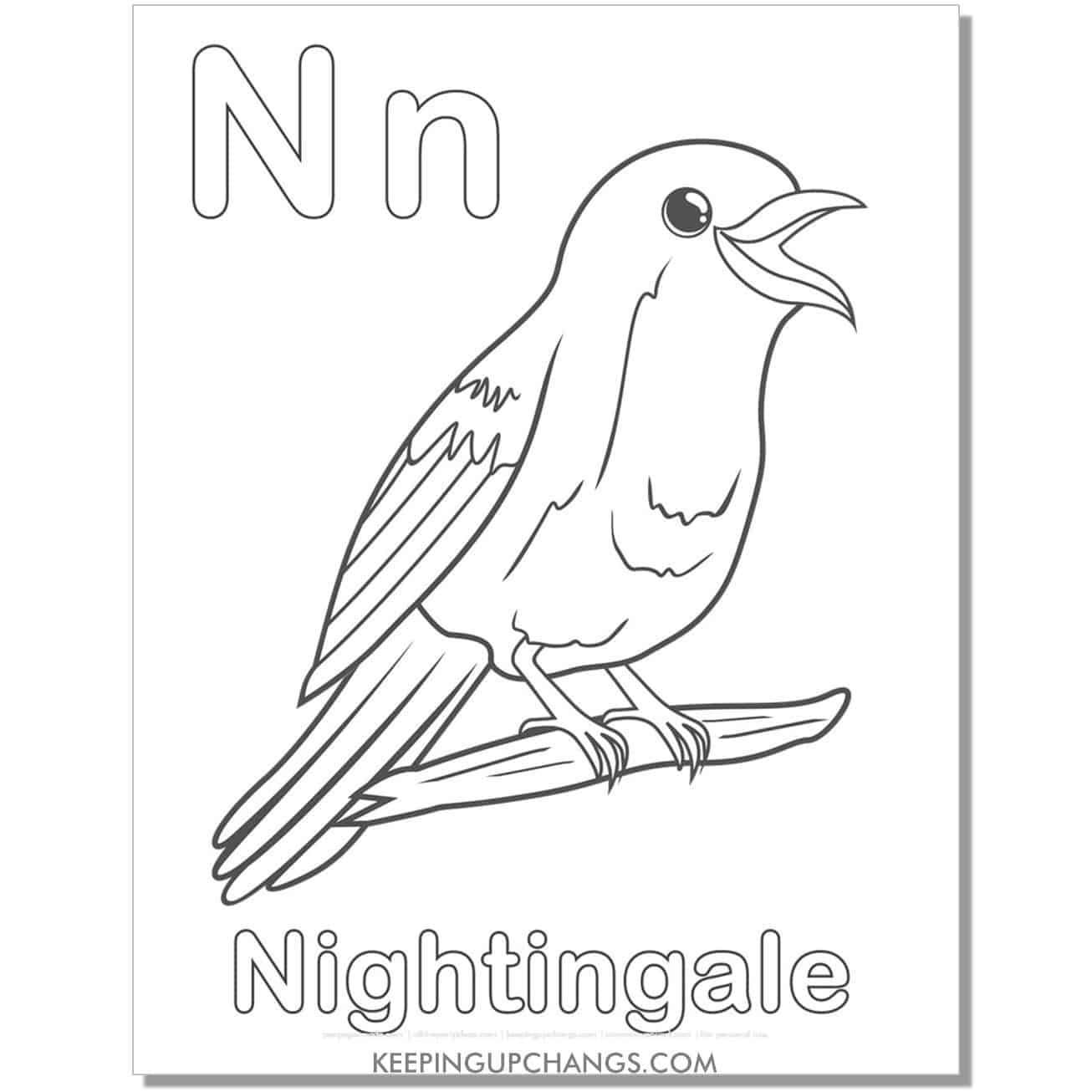 abc coloring sheet, n for nightingale.