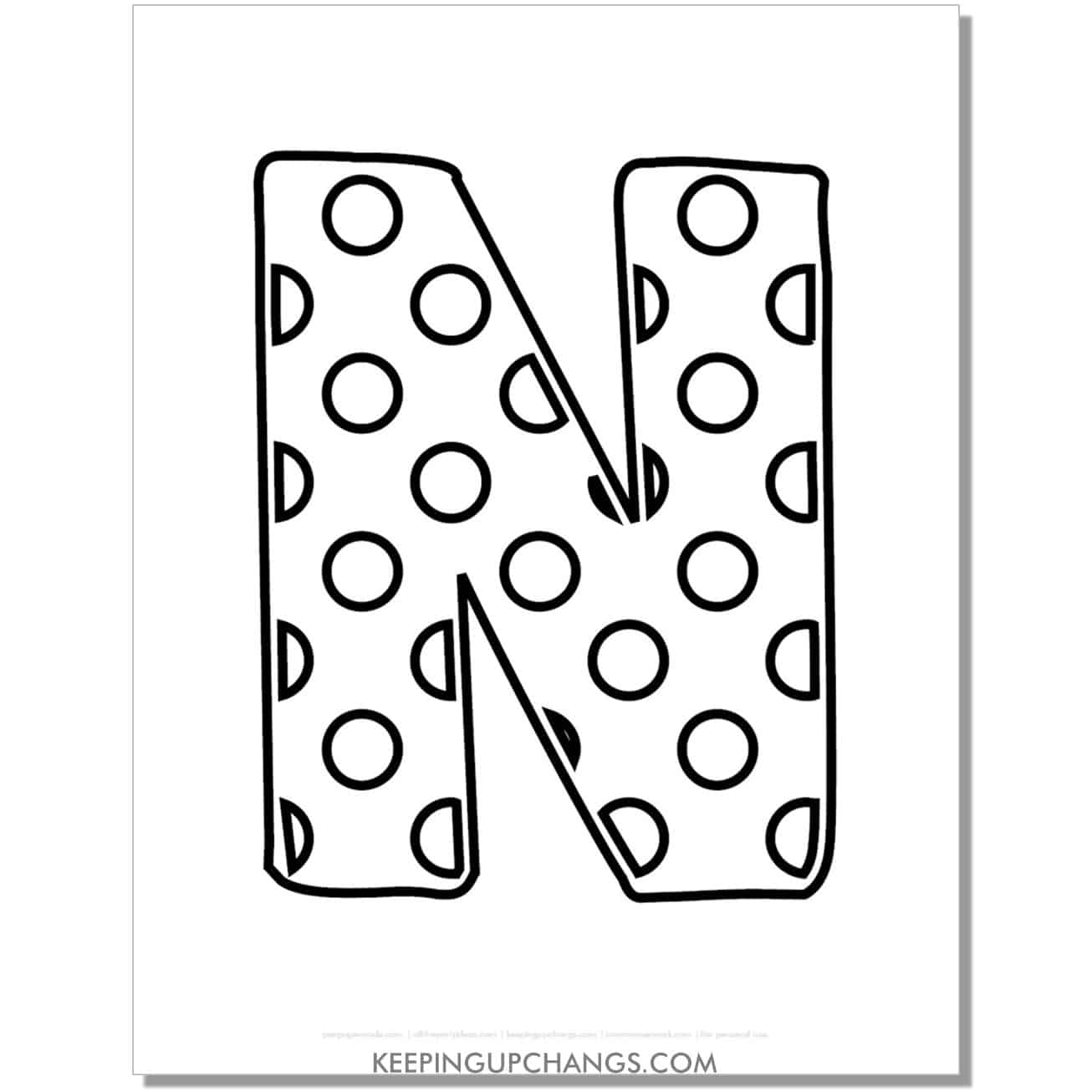 free alphabet letter n coloring page with polka dots for toddlers, preschool, kindergarten.
