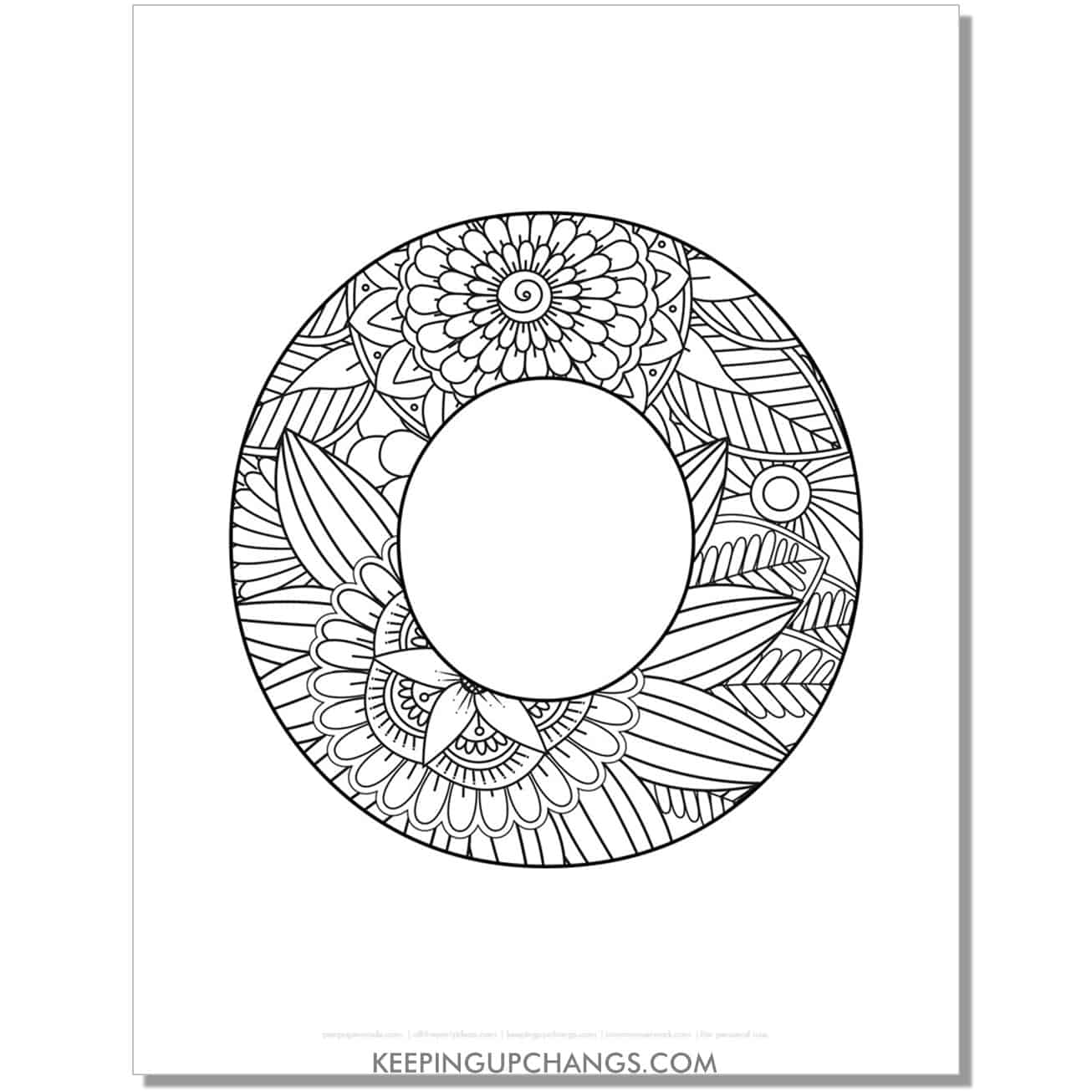 free letter o to color, complex mandala zentangle for adults.
