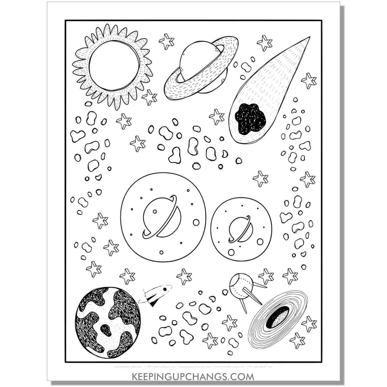 free alphabet letter o coloring page for kids with rockets, space theme.