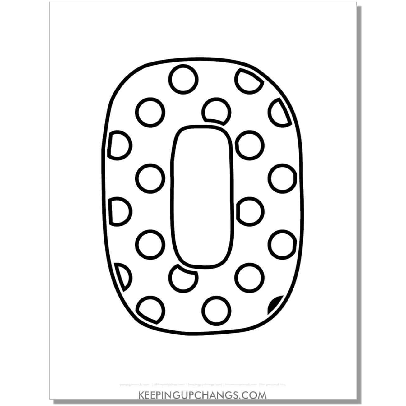 free alphabet letter o coloring page with polka dots for toddlers, preschool, kindergarten.
