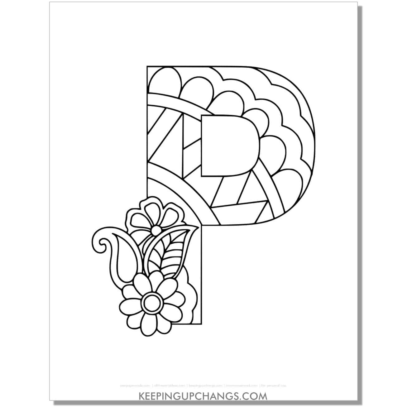 free alphabet p to color, intricate flower mandala zentangle.