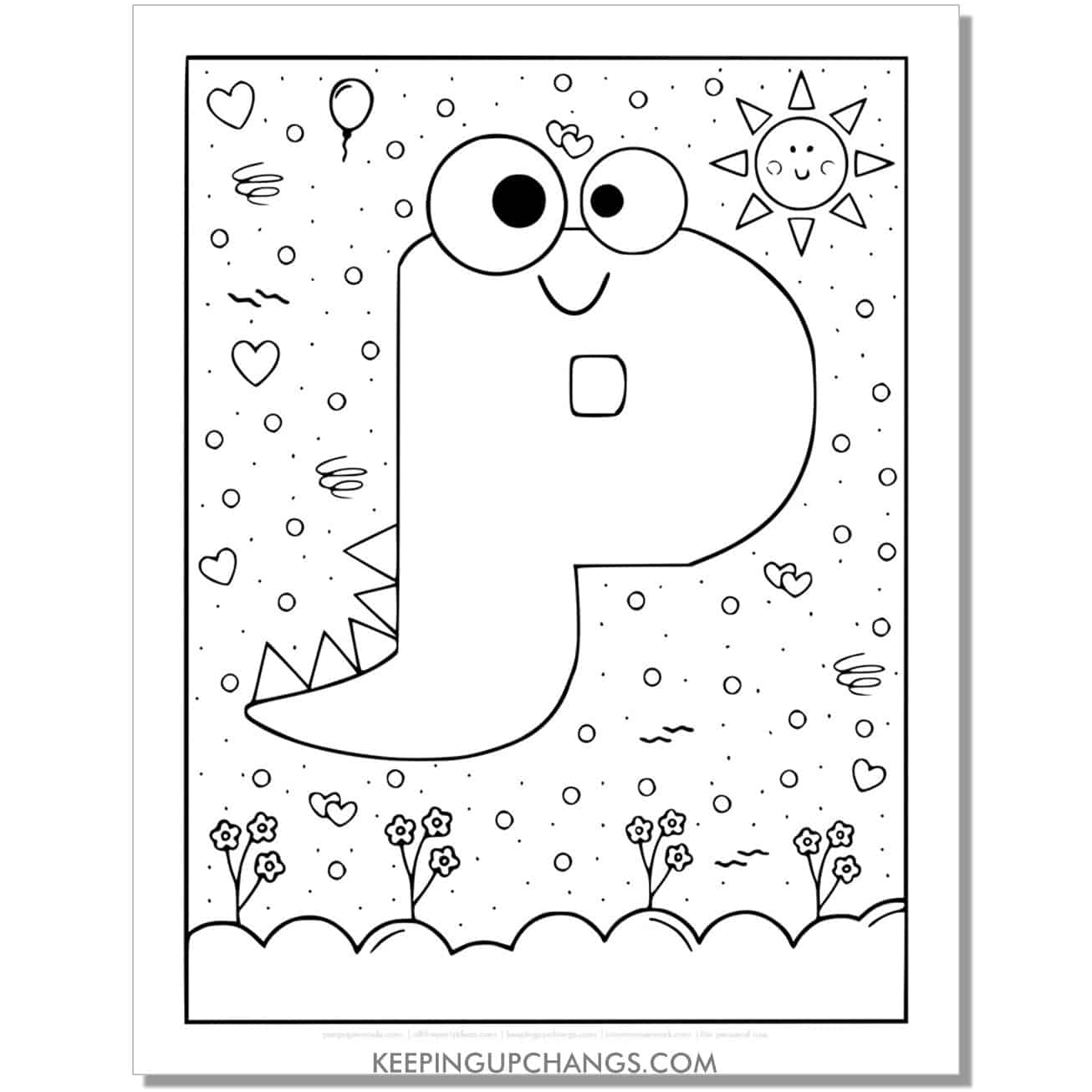 cute p coloring page with monster dinosaur letter.