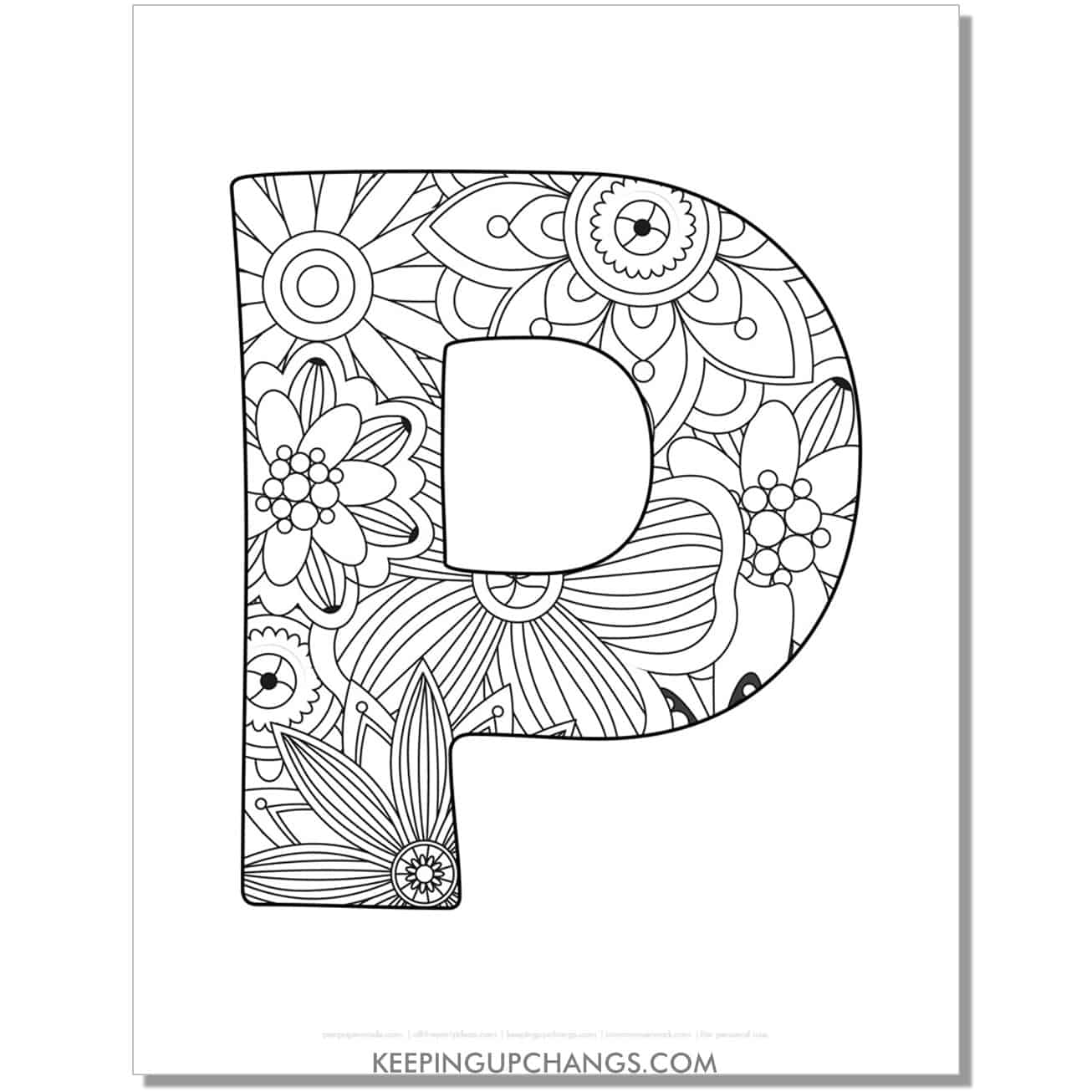 free letter p to color, complex mandala zentangle for adults.
