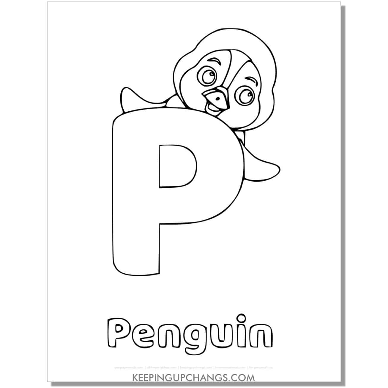 alphabet p coloring worksheet with penguin.