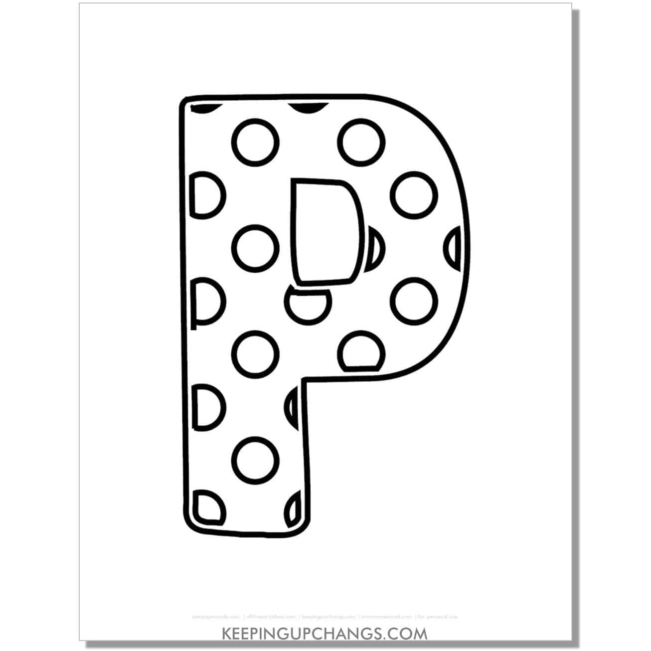 free alphabet letter p coloring page with polka dots for toddlers, preschool, kindergarten.