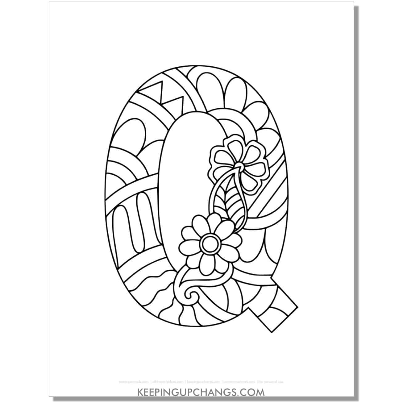 free alphabet q to color, intricate flower mandala zentangle.