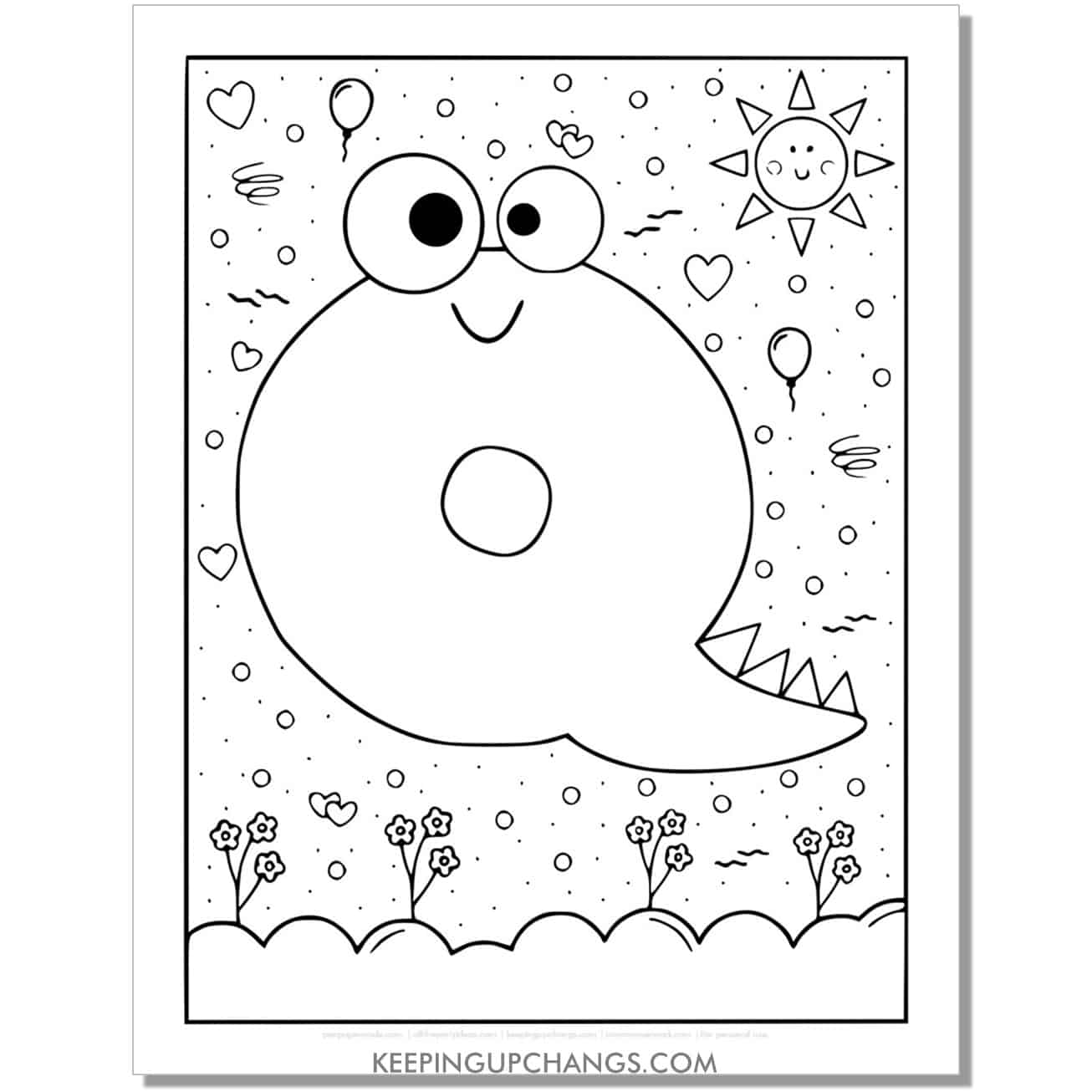 cute q coloring page with monster dinosaur letter.