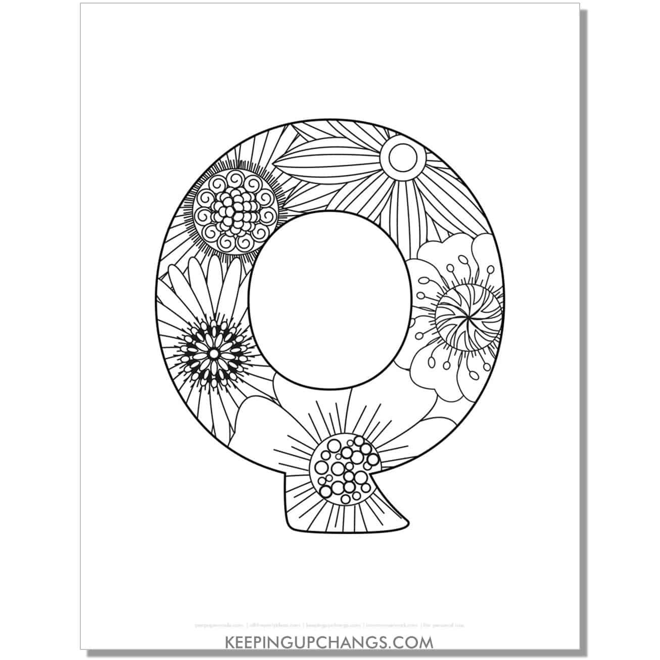 free letter q to color, complex mandala zentangle for adults.