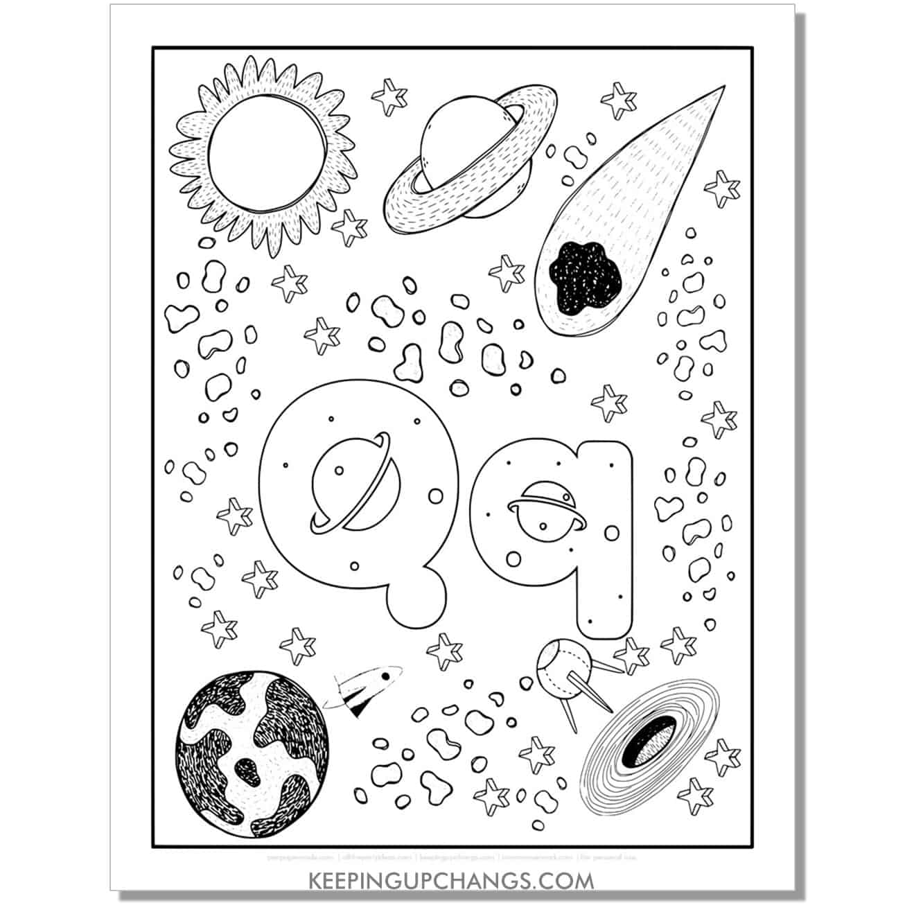 free alphabet letter q coloring page for kids with rockets, space theme.