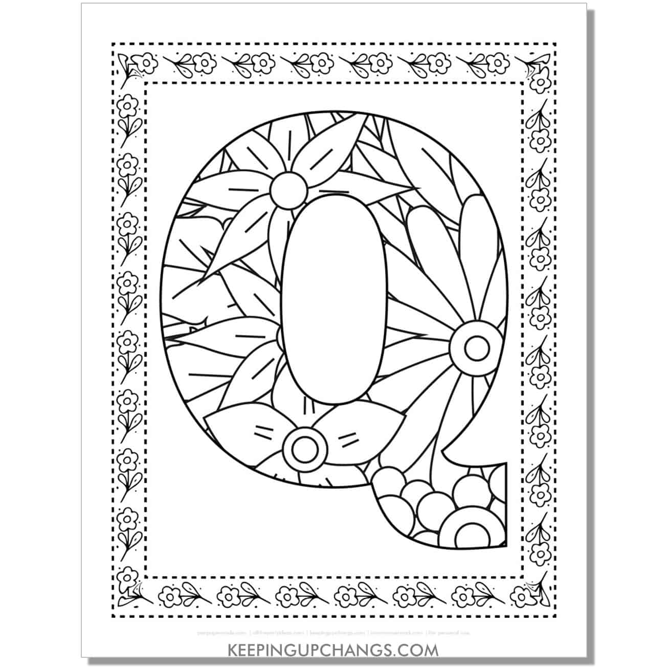 cool alphabet q coloring sheet mandala zentangle with border.