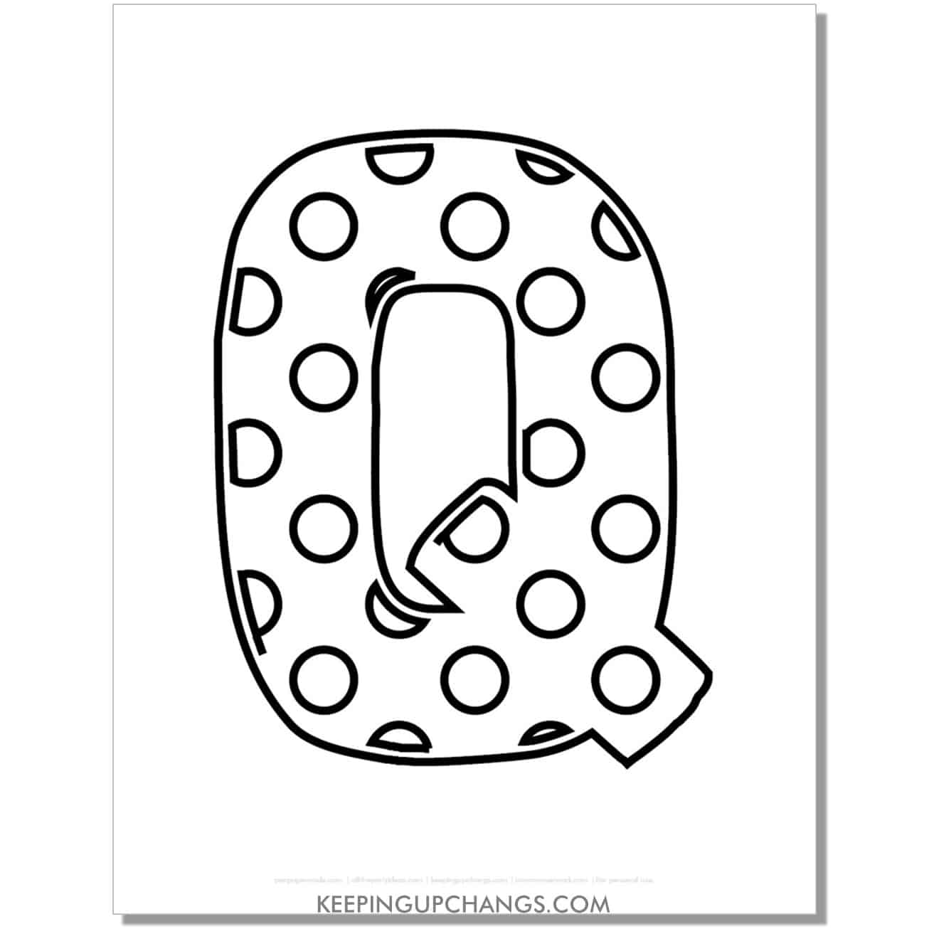 free alphabet letter q coloring page with polka dots for toddlers, preschool, kindergarten.