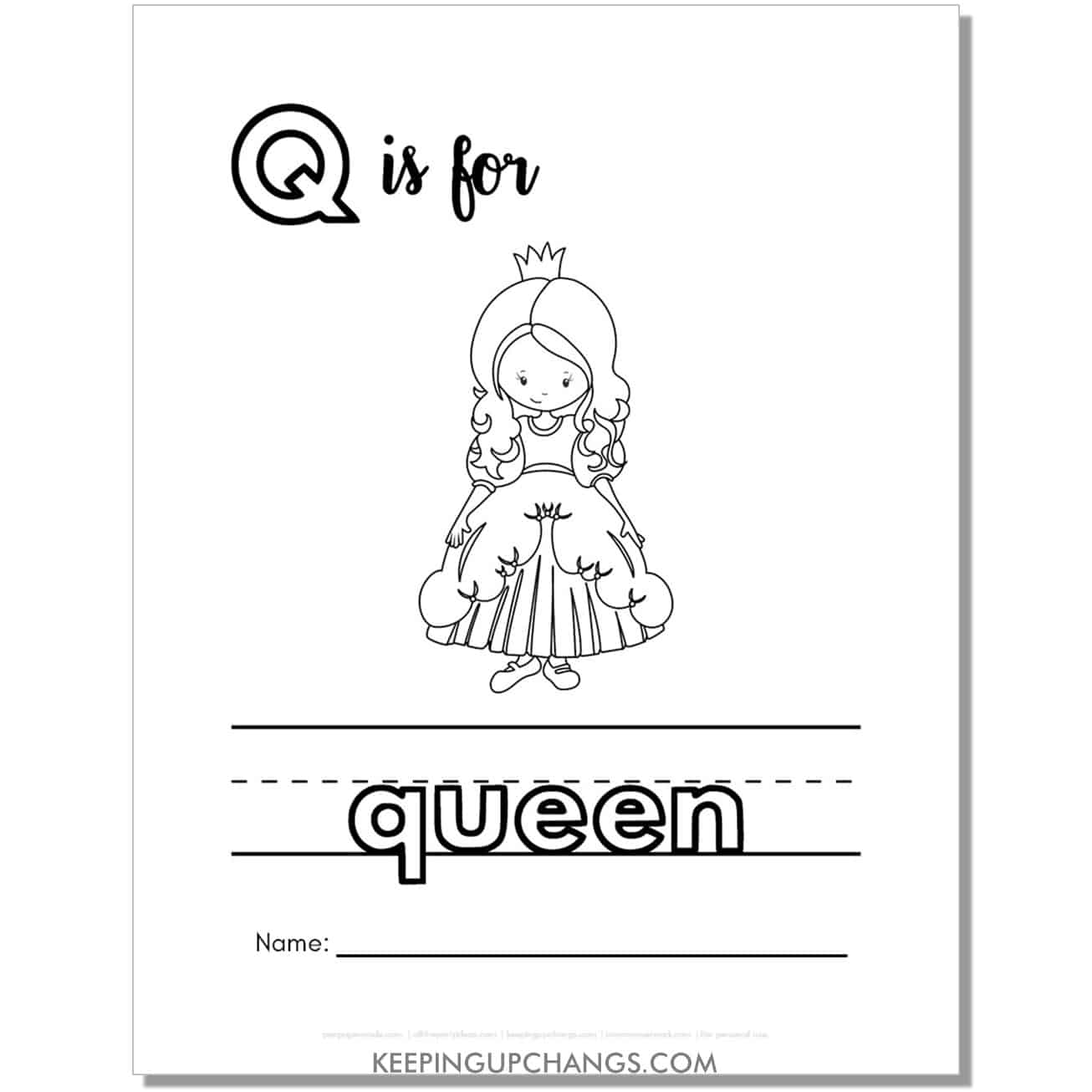 cute letter q coloring page worksheet with queen.