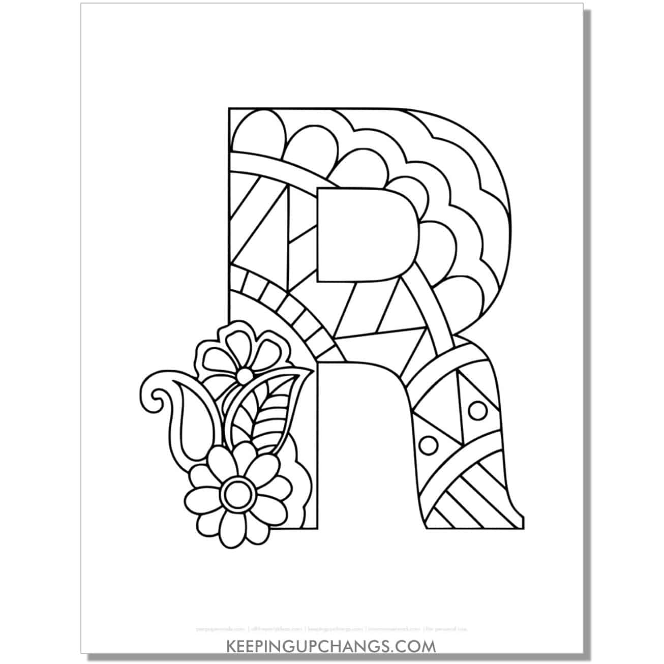 free alphabet r to color, intricate flower mandala zentangle.