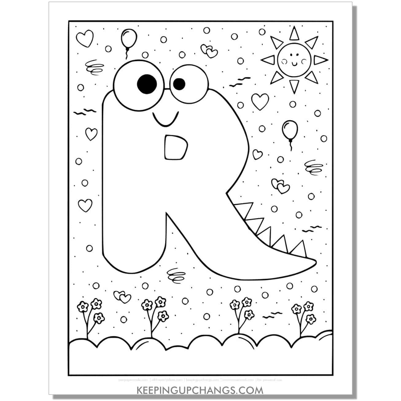 cute r coloring page with monster dinosaur letter.