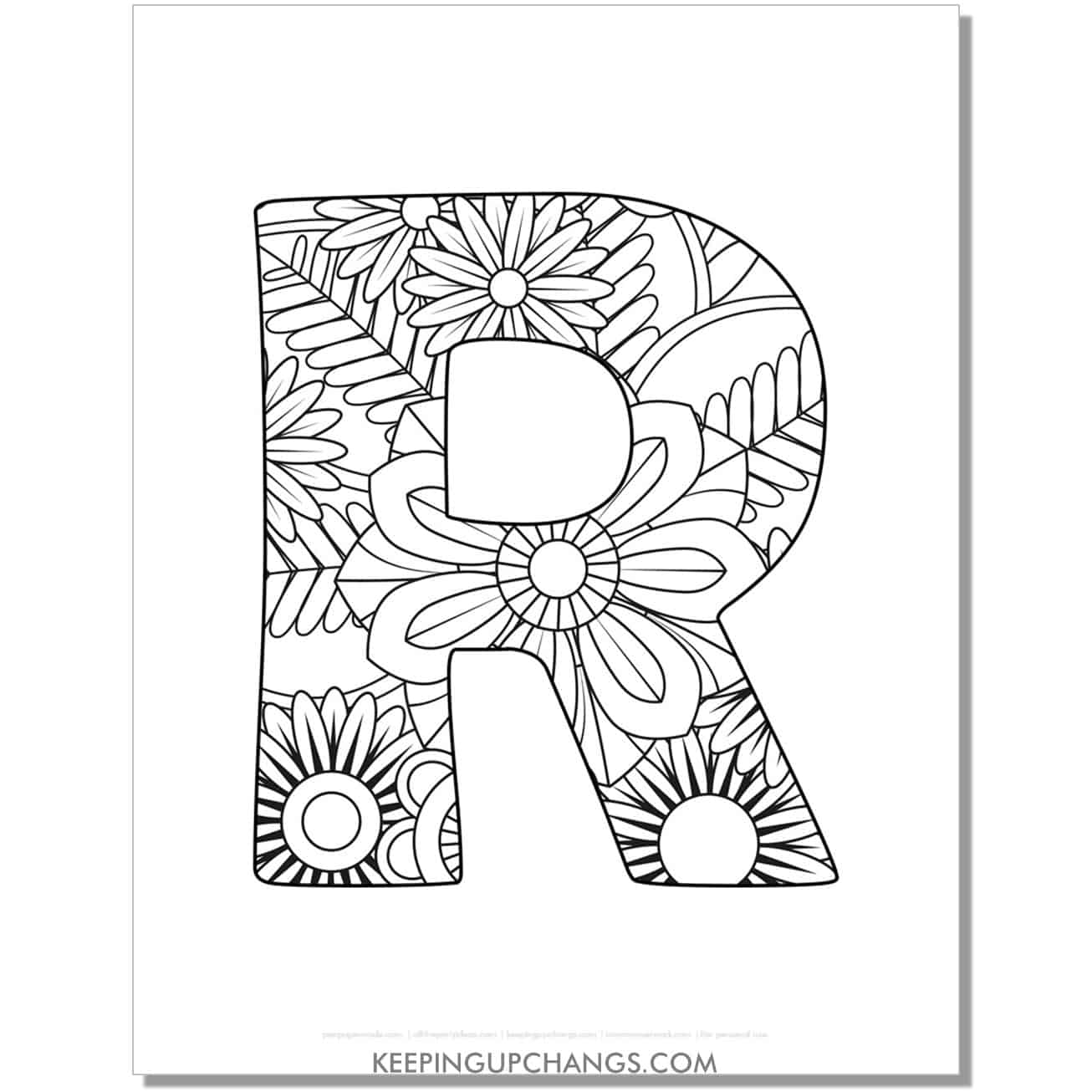 free letter r to color, complex mandala zentangle for adults.