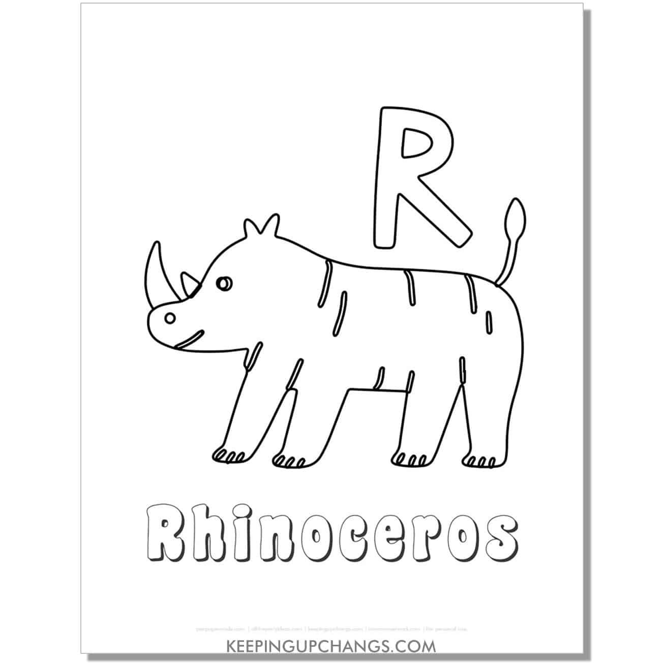 fun abc r coloring page with rhino hand drawing.