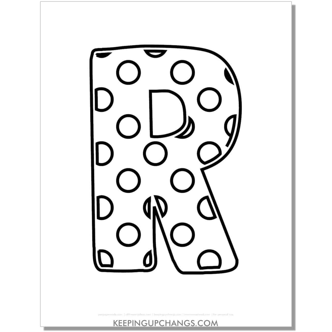 free alphabet letter r coloring page with polka dots for toddlers, preschool, kindergarten.