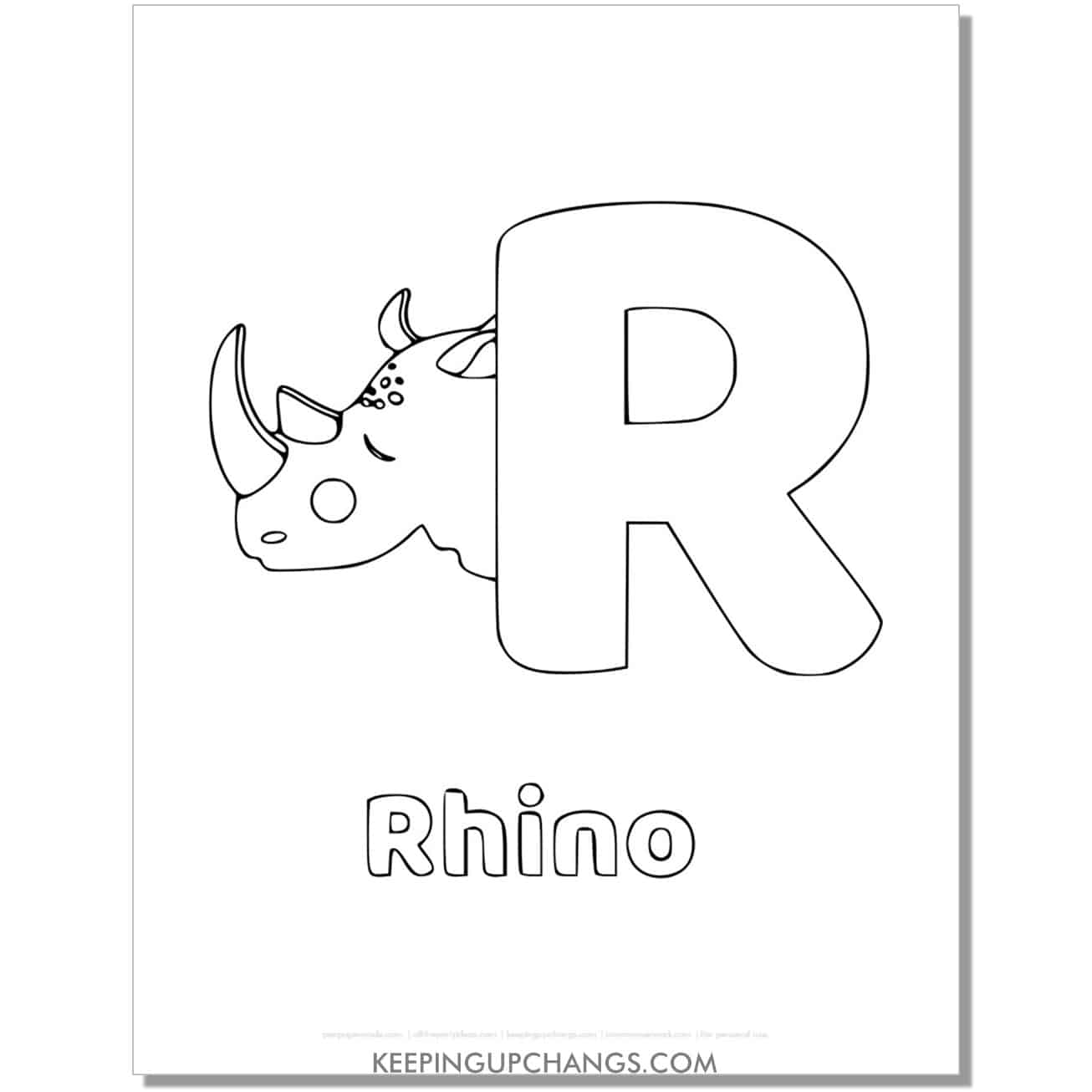 alphabet r coloring worksheet with rhino.