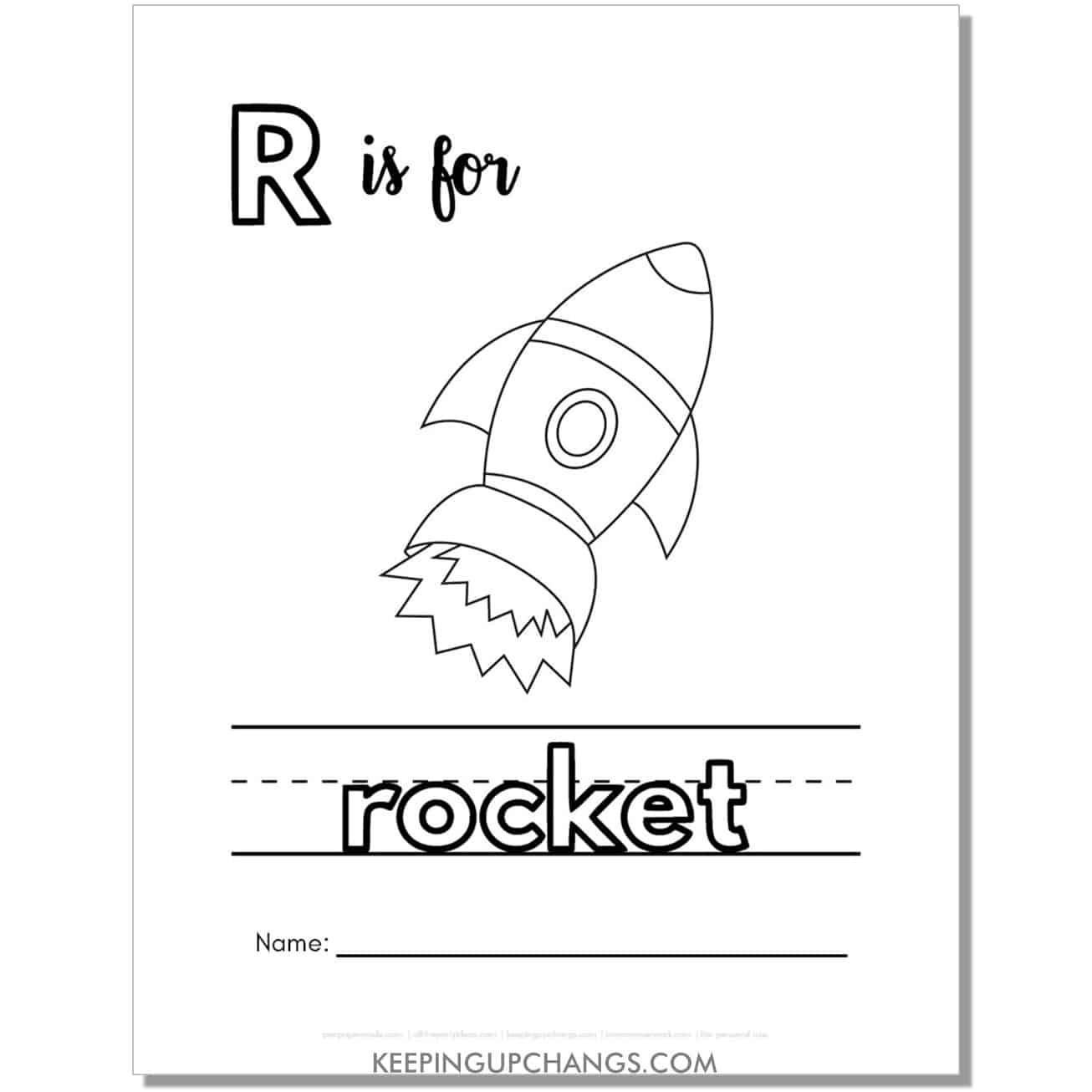cute letter r coloring page worksheet with rocket.