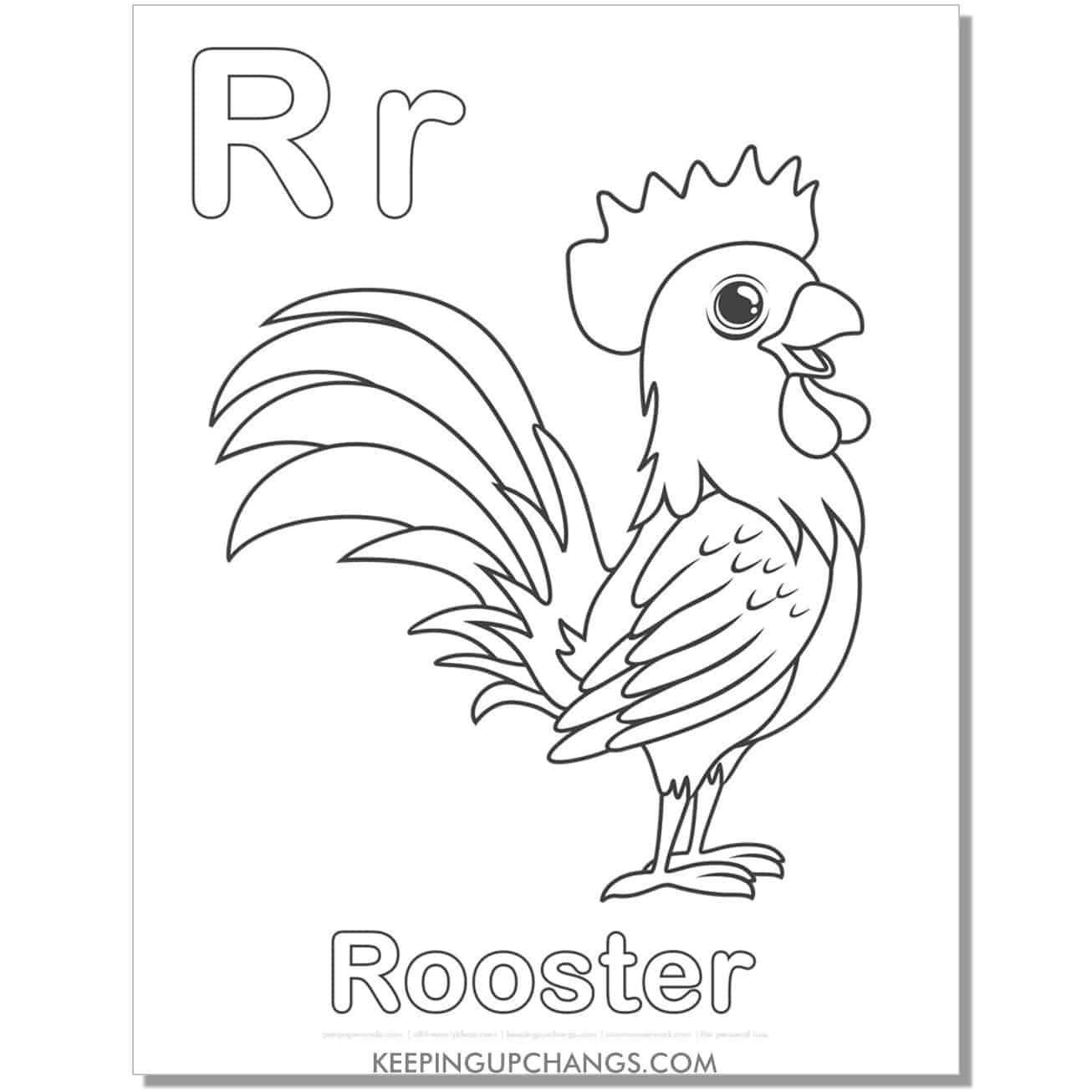 abc coloring sheet, r for rooster.