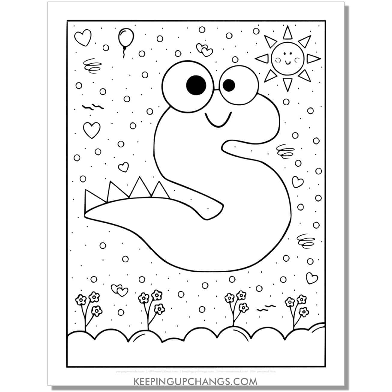 cute s coloring page with monster dinosaur letter.