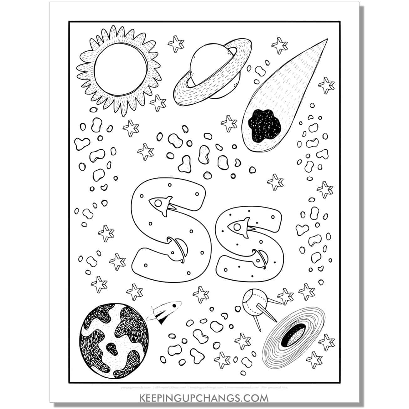 free alphabet letter s coloring page for kids with rockets, space theme.