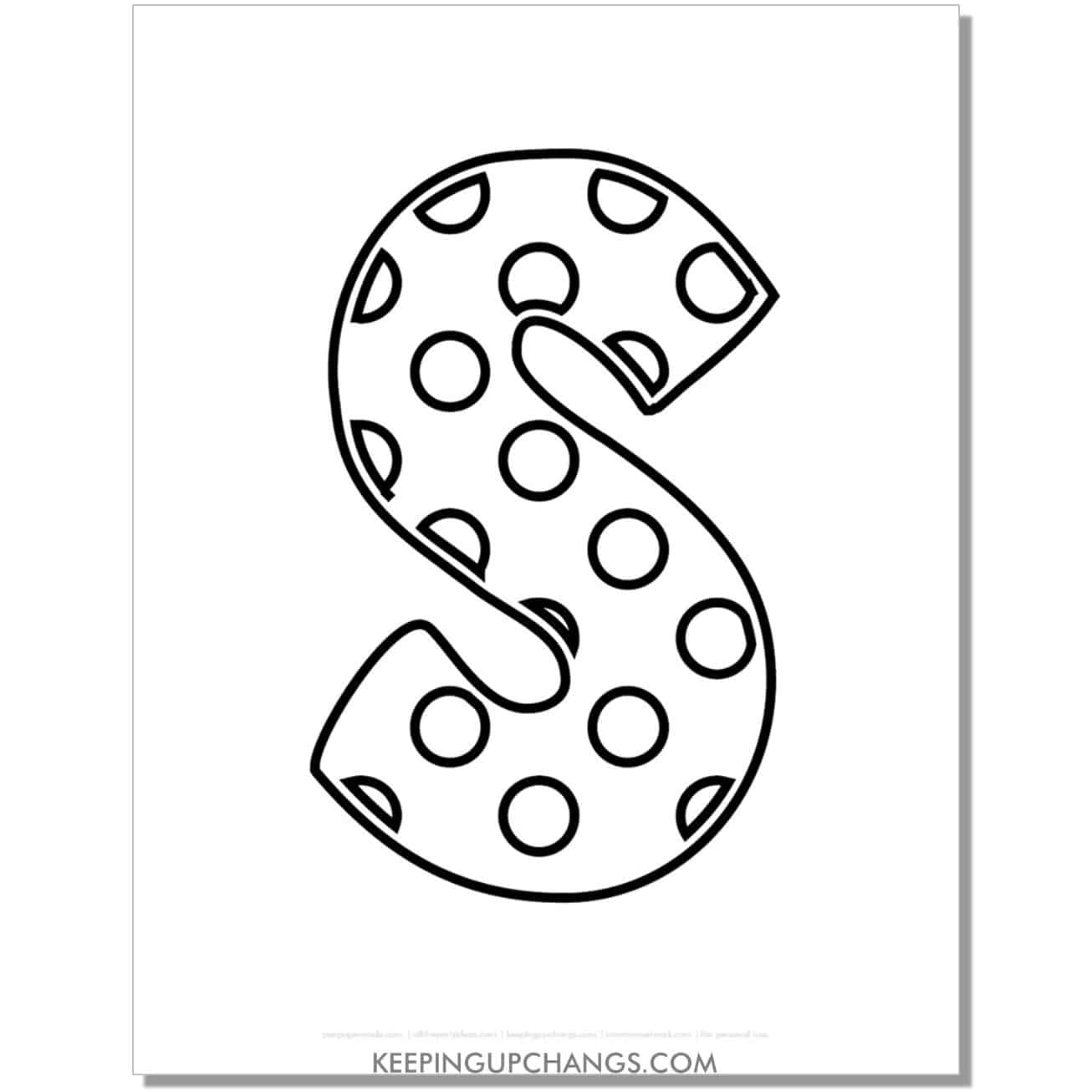 free alphabet letter s coloring page with polka dots for toddlers, preschool, kindergarten.