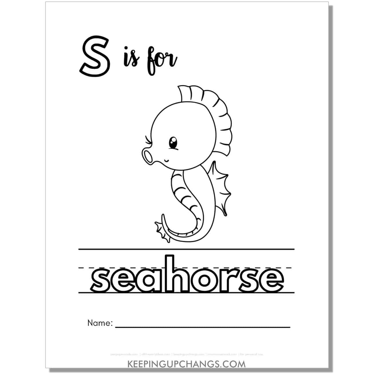 cute letter s coloring page worksheet with seahorse.