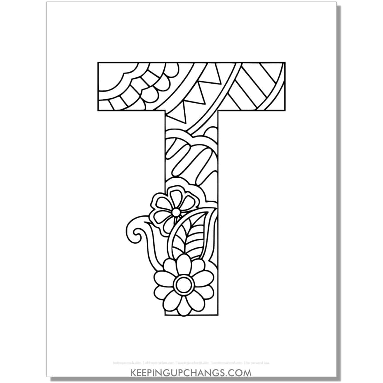 free alphabet t to color, intricate flower mandala zentangle.