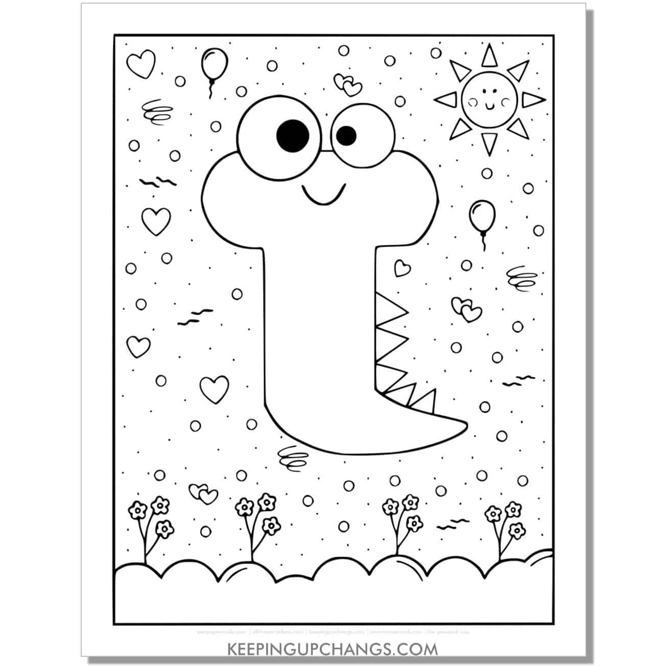 cute t coloring page with monster dinosaur letter.