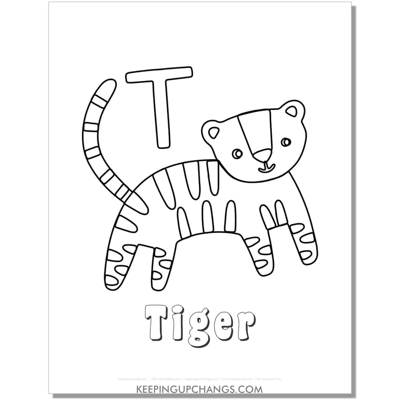 fun abc t coloring page with tiger hand drawing.