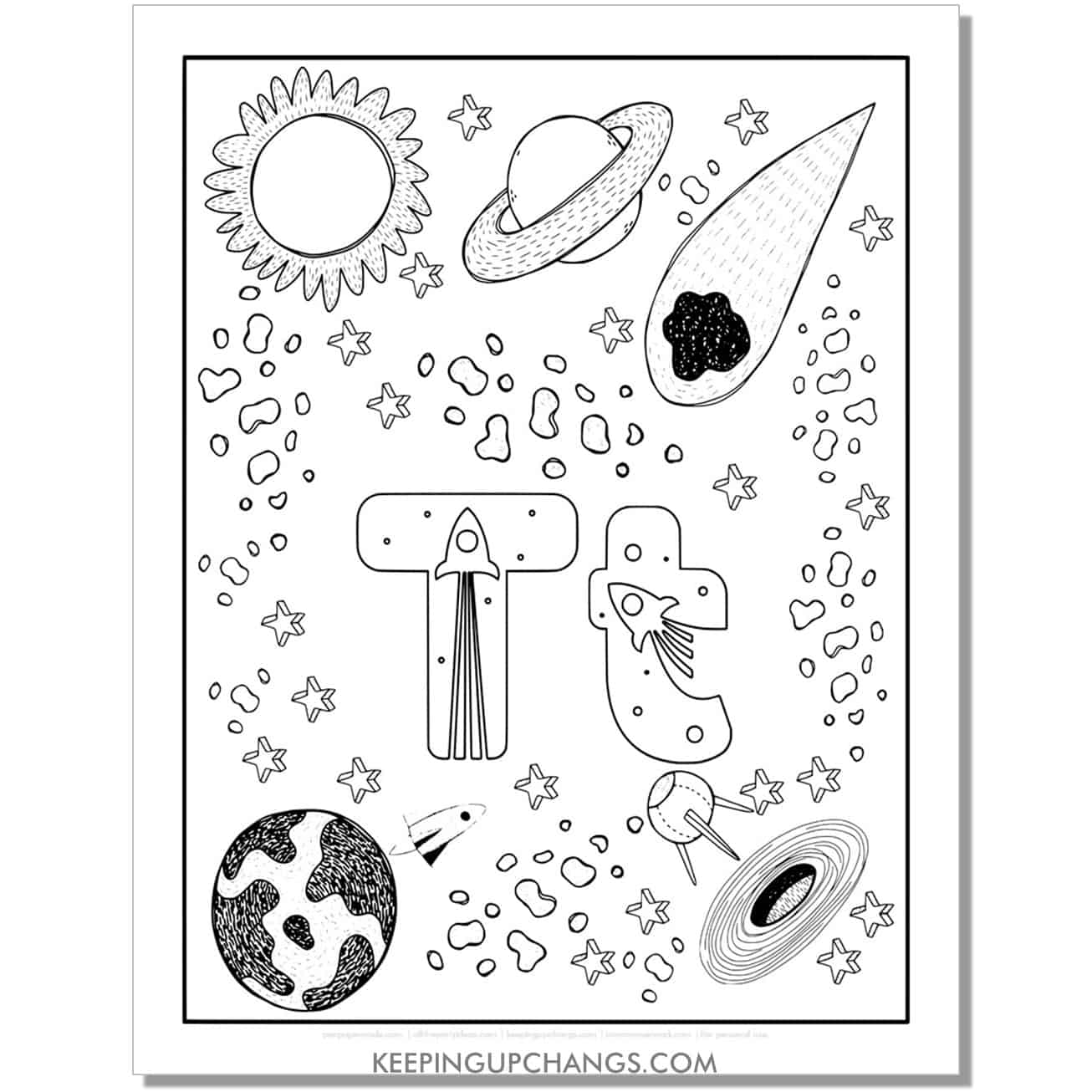 free alphabet letter t coloring page for kids with rockets, space theme.