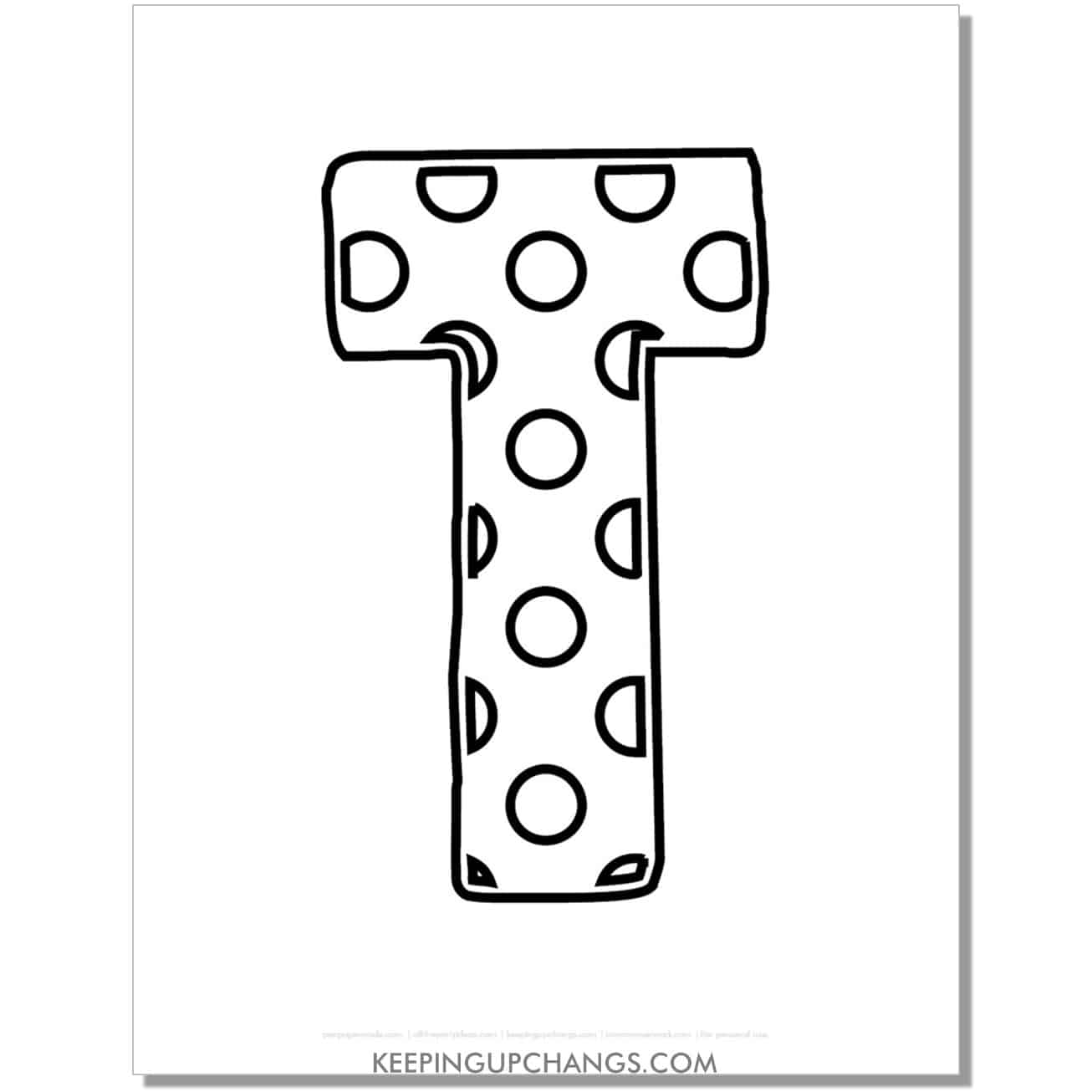free alphabet letter t coloring page with polka dots for toddlers, preschool, kindergarten.