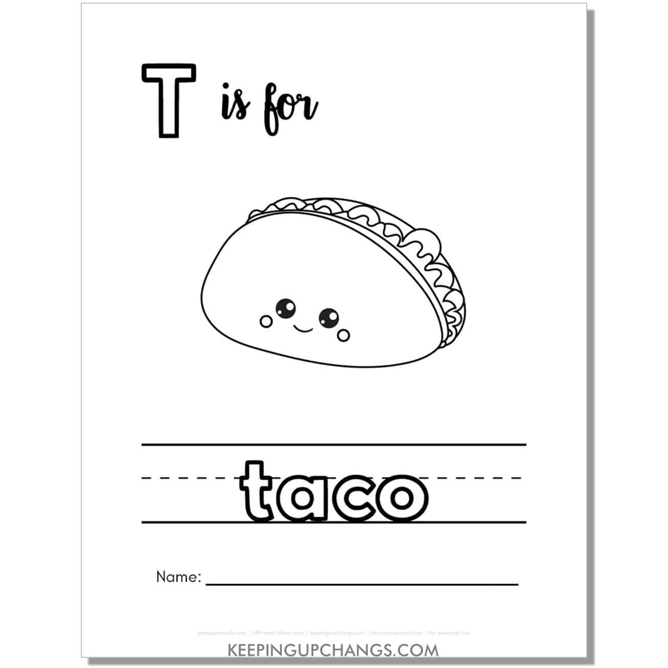 cute letter t coloring page worksheet with taco.