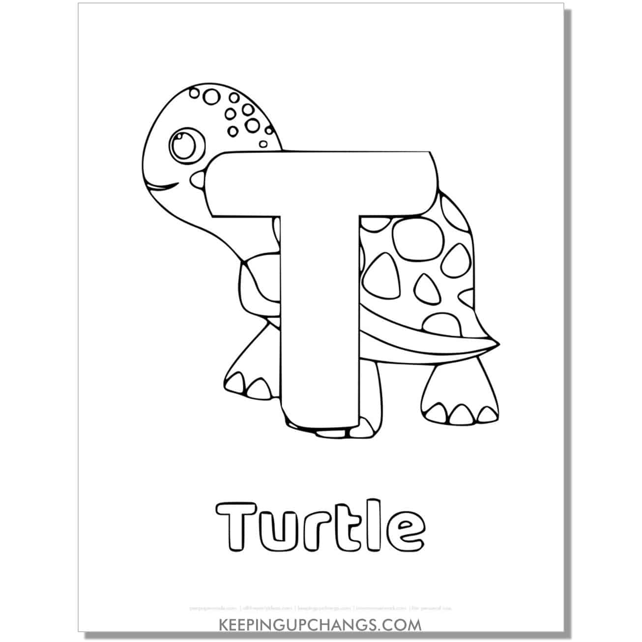 alphabet t coloring worksheet with turtle.