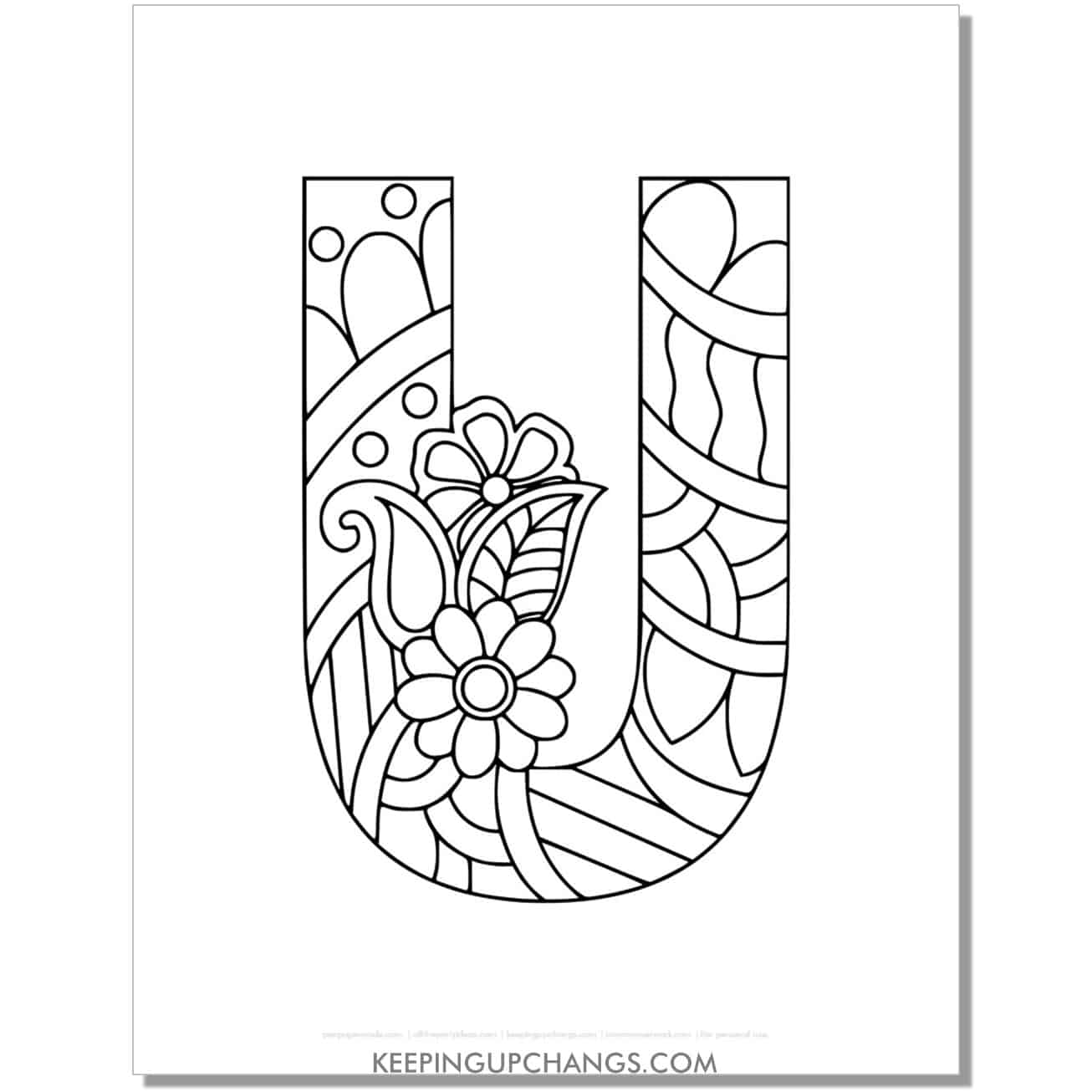 free alphabet u to color, intricate flower mandala zentangle.