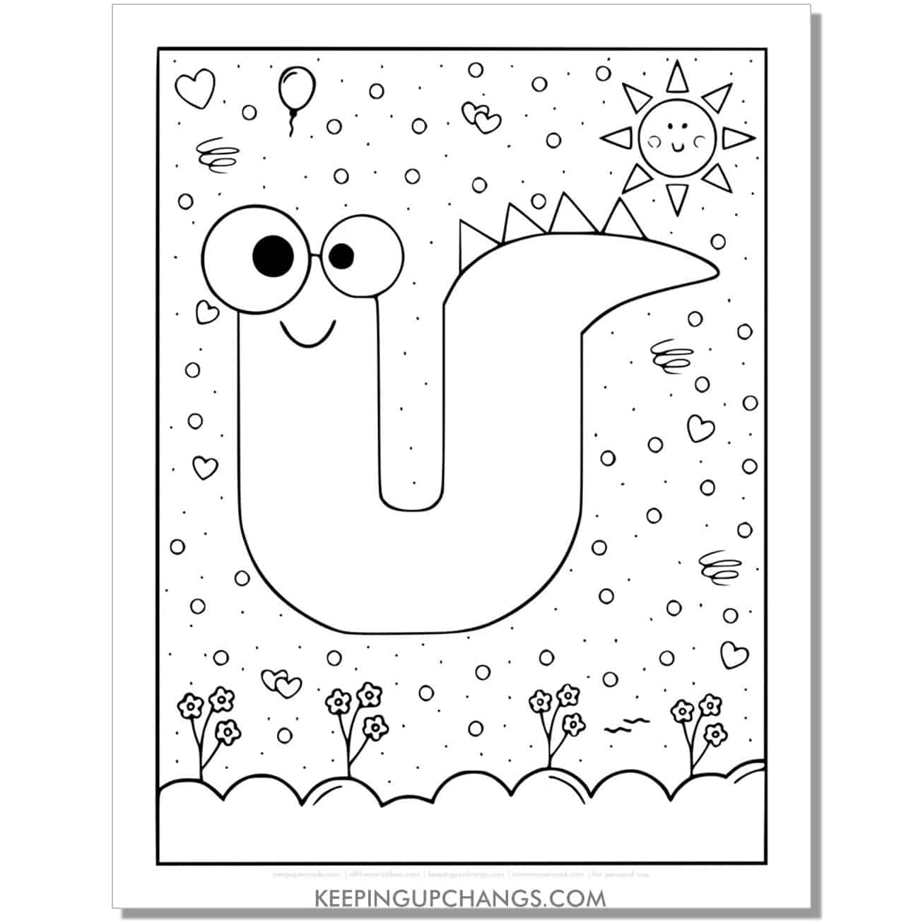 cute u coloring page with monster dinosaur letter.