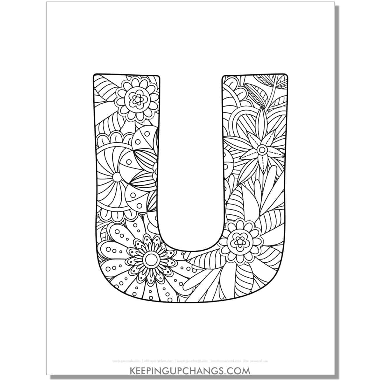 free letter u to color, complex mandala zentangle for adults.