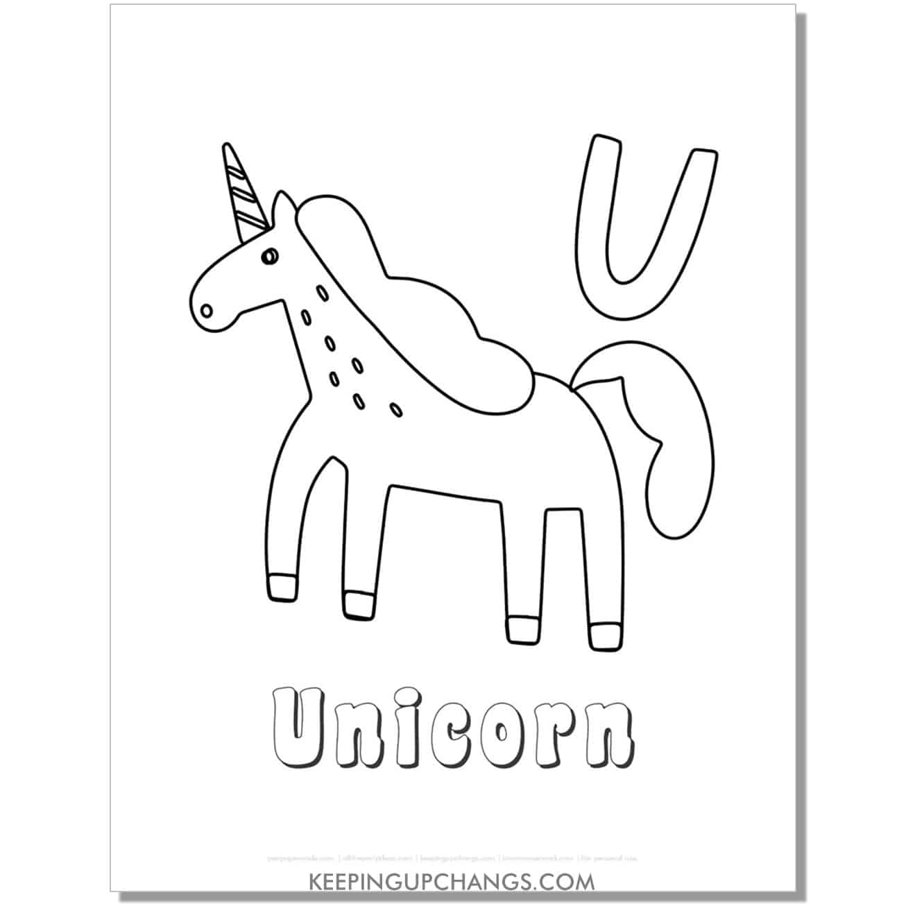 fun abc u coloring page with unicorn hand drawing.