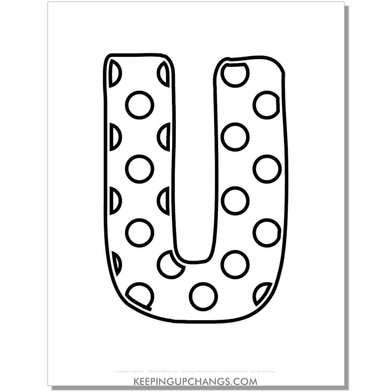 free alphabet letter u coloring page with polka dots for toddlers, preschool, kindergarten.