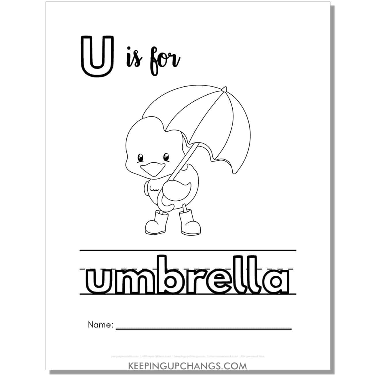 cute letter u coloring page worksheet with umbrella.