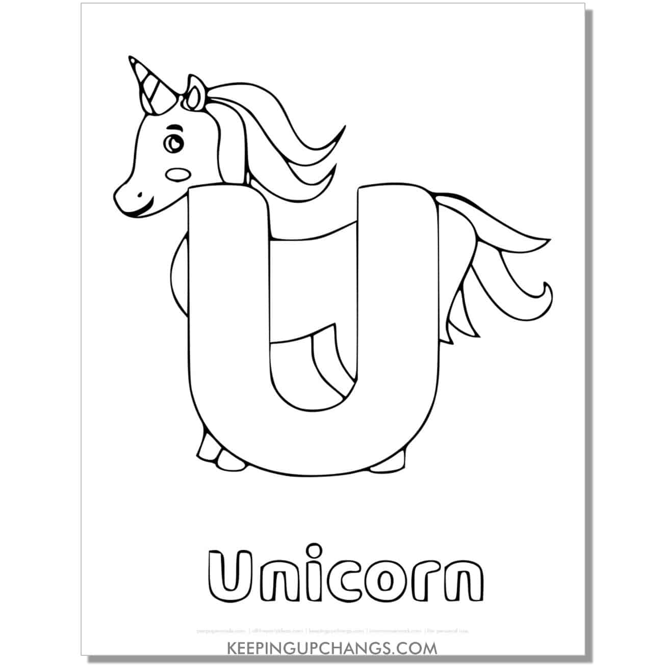 alphabet u coloring worksheet with unicorn.