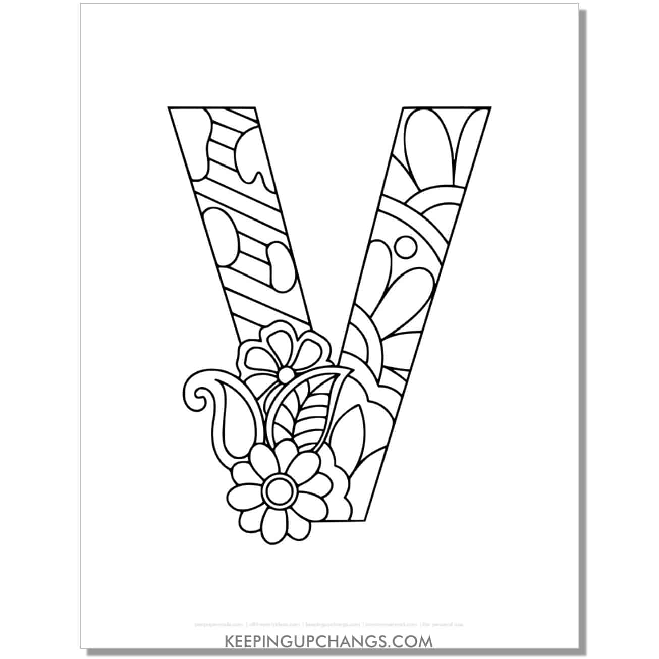 free alphabet v to color, intricate flower mandala zentangle.