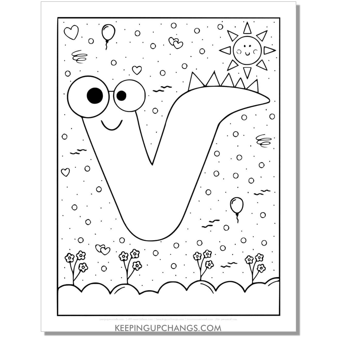 cute v coloring page with monster dinosaur letter.