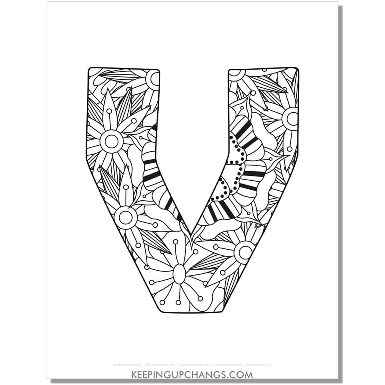 free letter v to color, complex mandala zentangle for adults.