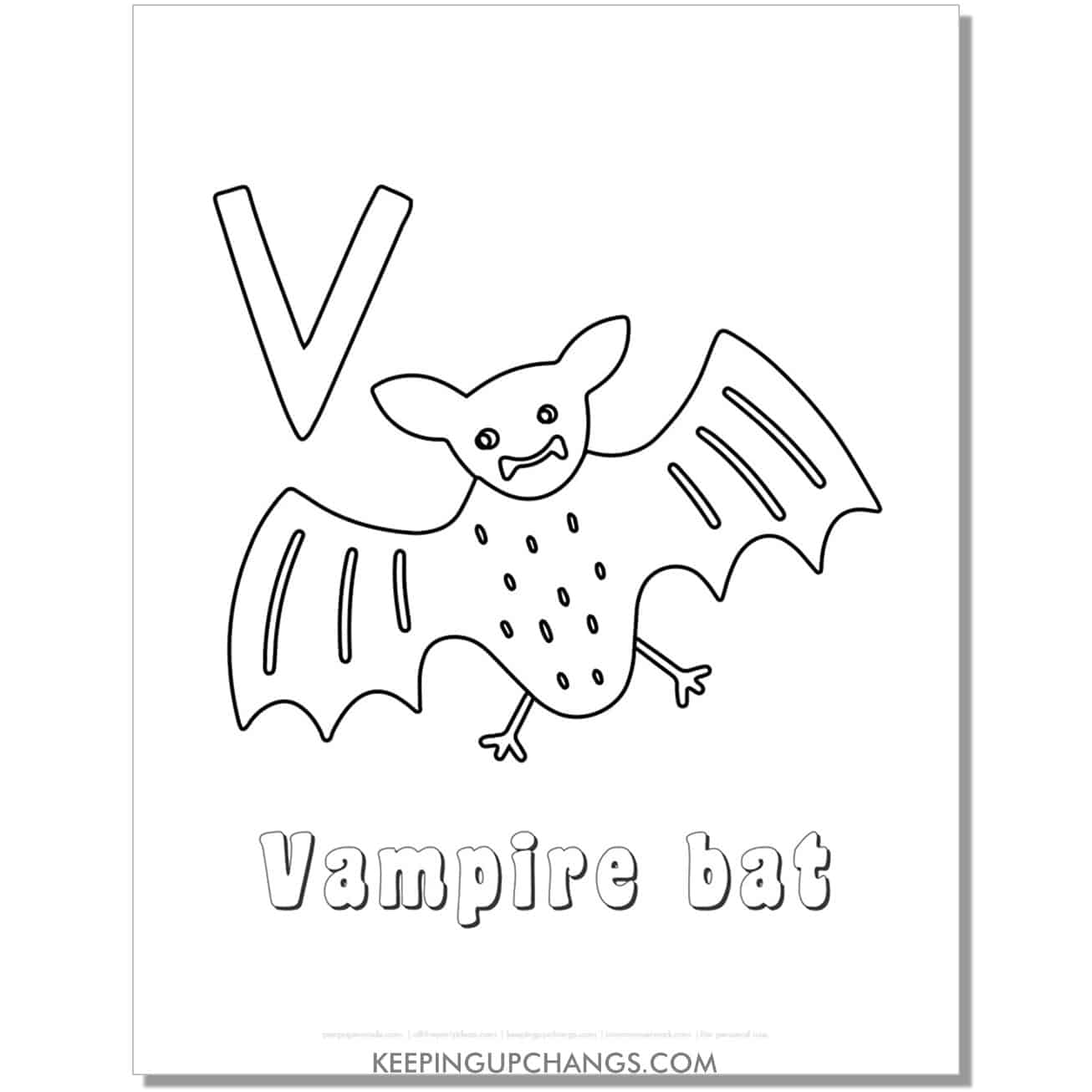 fun abc v coloring page with vampire bat hand drawing.